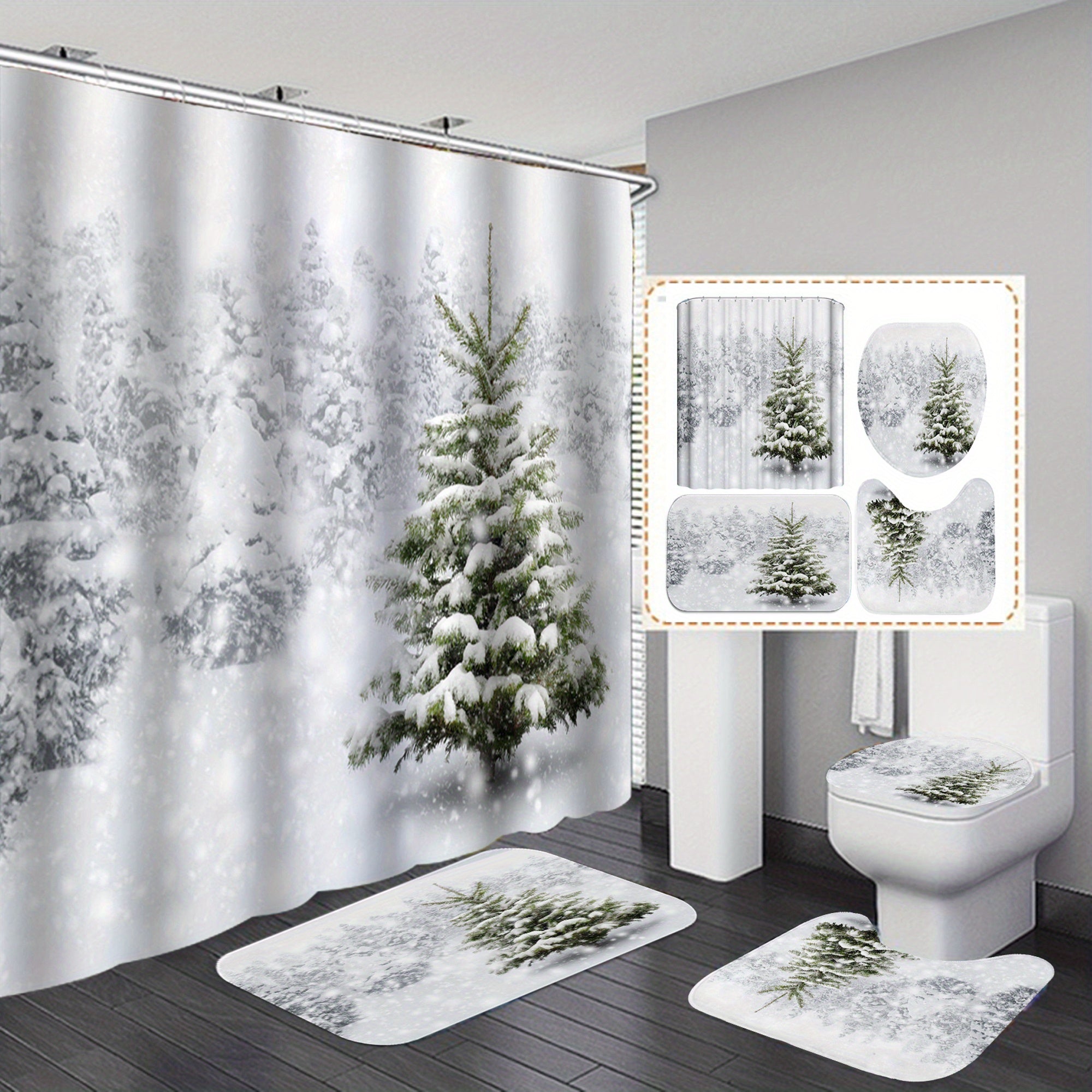 4pcs Christmas Tree Shower Curtain Set Waterproof Shower Curtain with 12 Hooks