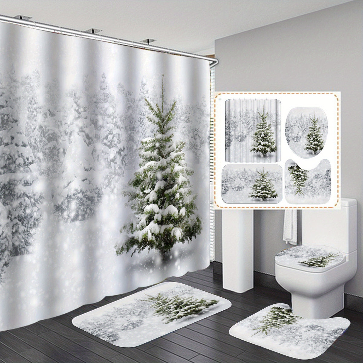 4pcs Christmas Tree Shower Curtain Set Waterproof Shower Curtain with 12 Hooks