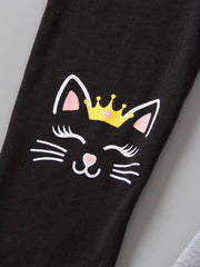 3pcs Girls Cat Print Ankle Pants Set