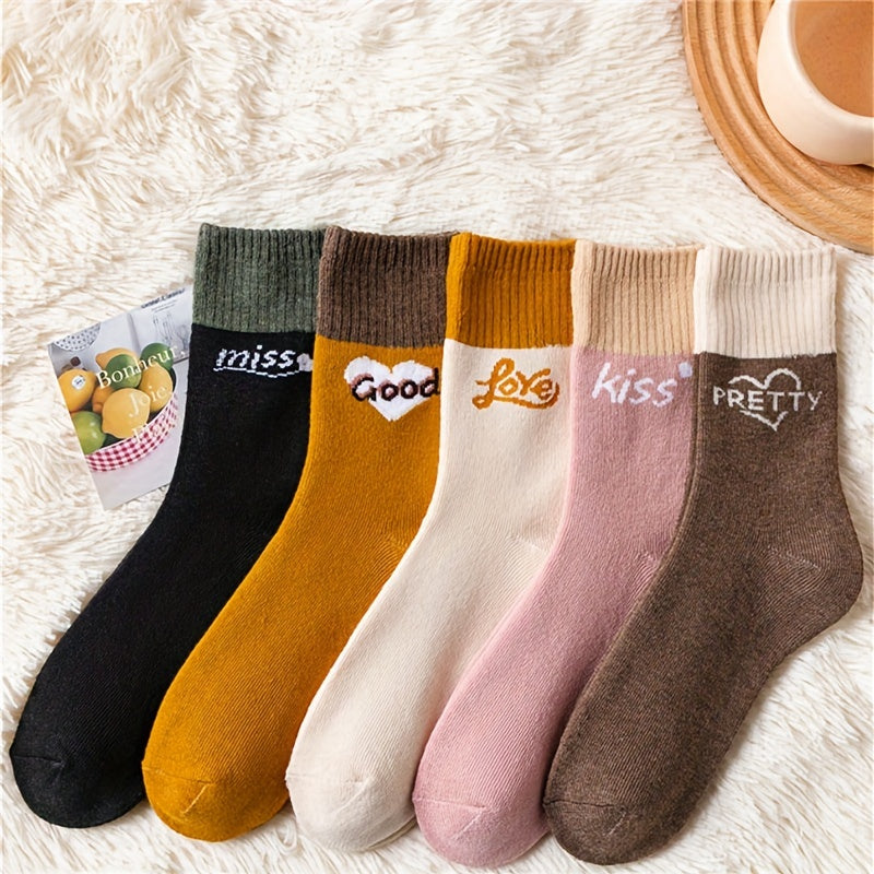 5 Pairs Letter Print Socks Colorblock Crew Socks Women's Stockings