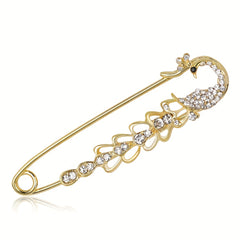 Men's Diamond Peacock Pin Brooch Golden Alloy Peacock