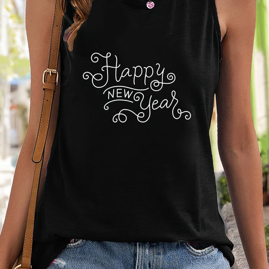 Year Print Sleeveless Sports Vest Round Neck Casual Tops Women's Activewear