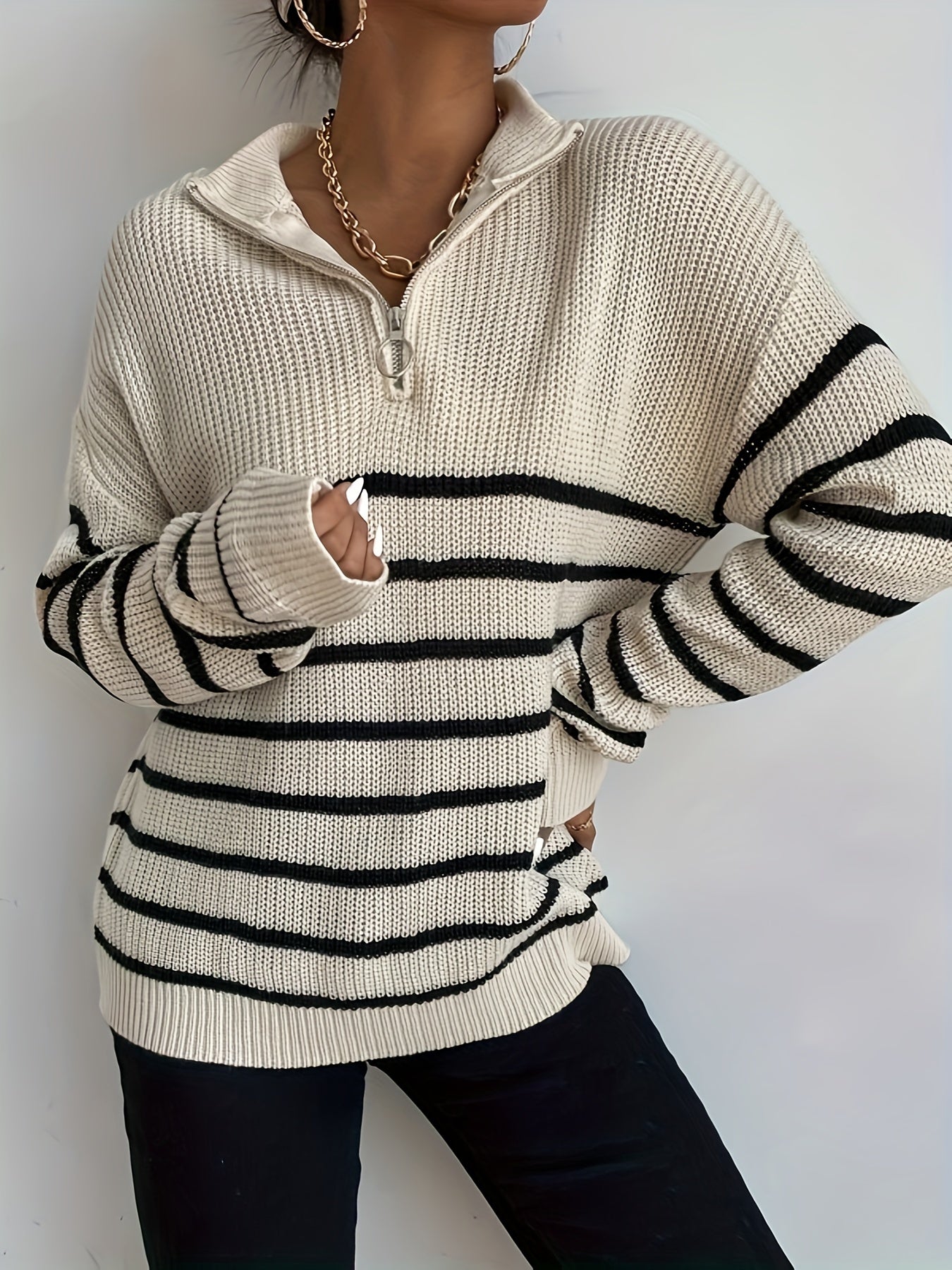  Stripe Print Zipper High Neck Jumper