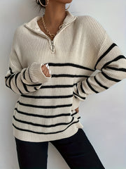  Stripe Print Zipper High Neck Jumper