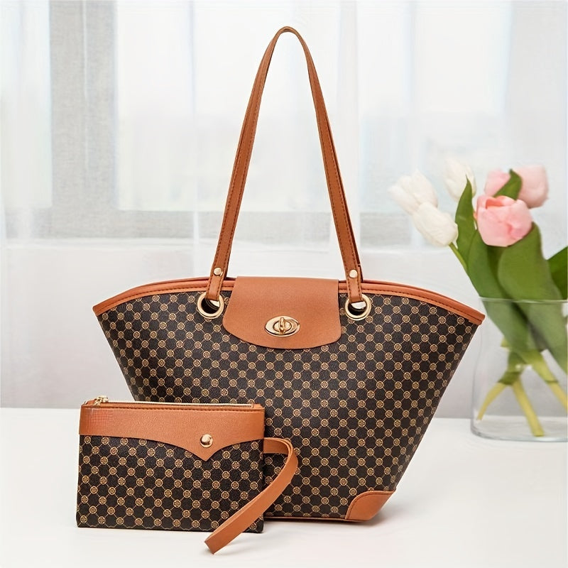 Geometric Pattern Tote Bag Set Shoulder Bag With Clutch Purse Women's Handbag