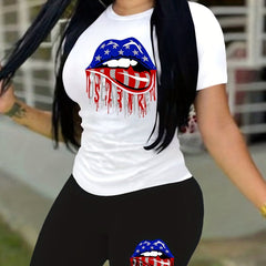 Women's Plus Flag Lip Print Tee & Shorts Set