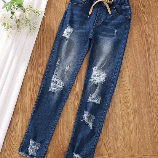 Girls Ultra Skinny Stretchy Jeans Teens Ripped Trousers