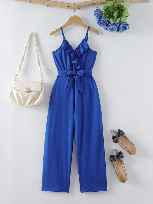 Girls Ruffle V-neck Summer Jumpsuit with Belt