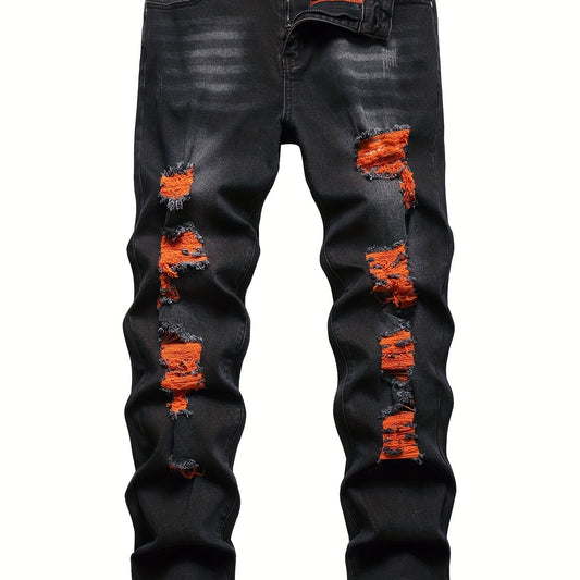 Men's Vintage Comfy Jeans Frayed Decor Slim Fit Stretch Trousers