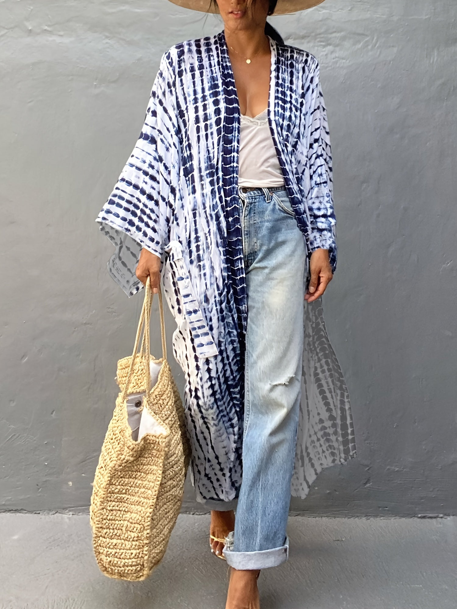  Tie Dye Striped Kimono Beach Cover Up