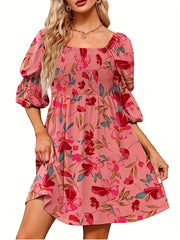 Floral Print Shirred Square Neck Dress Casual Three quarter Sleeve Dress