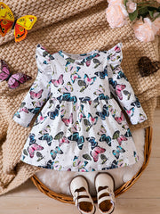 Colorful Butterfly Printed Long Sleeve Flying Sleeve Dress for Baby Girls