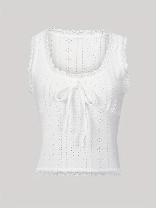 Lace Trim Tie Front Tank Top Sleeveless Casual Summer Women's Clothing