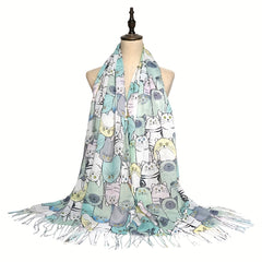 Colorful Cat Print Tassel Scarf Cartoon Shawl Casual Windproof Head Wrap