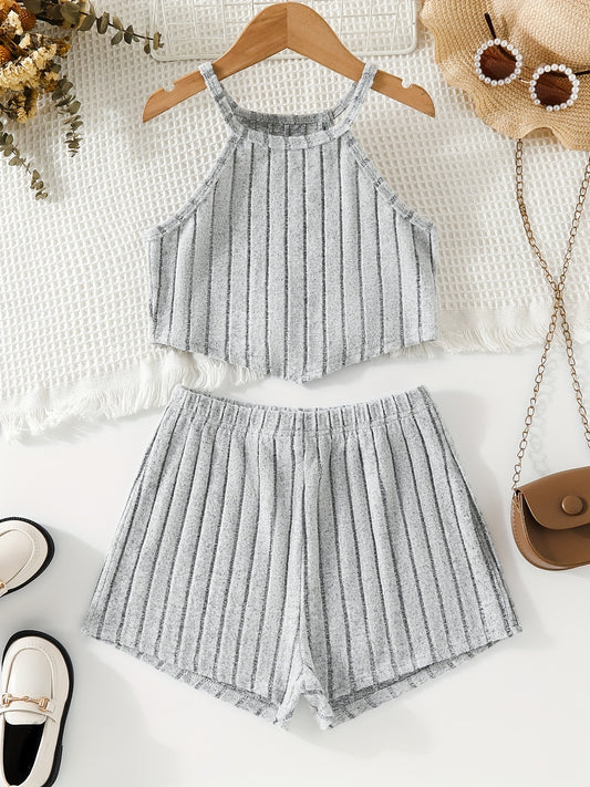 Girl's 2pcs Ribbed Halter Camisole & Elastic Waist Shorts Set