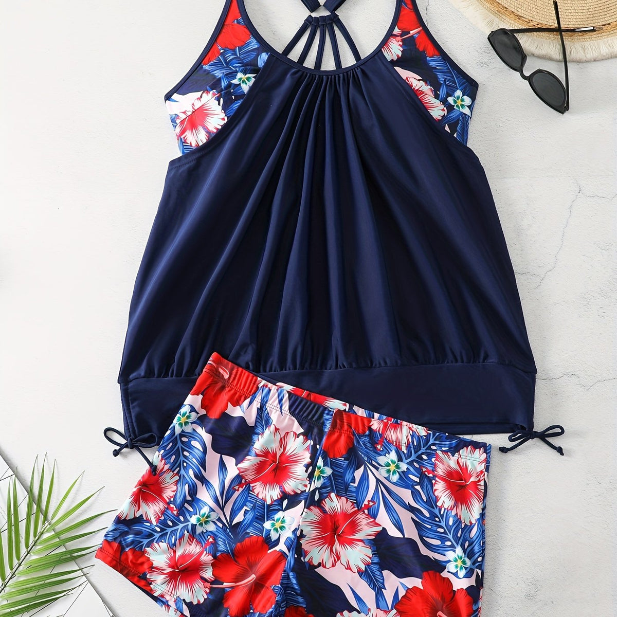  Tropical Print Lace Up Tankini Set
