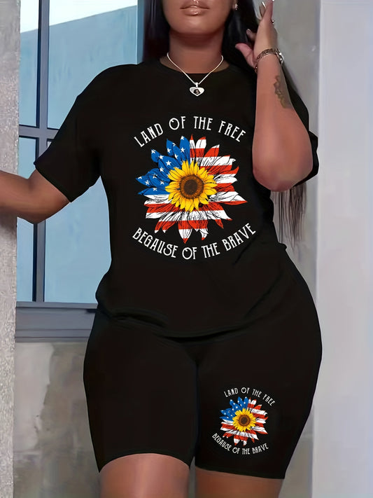 Women's Plus Flag Sunflower & Slogan Print Top & Shorts Outfit Set