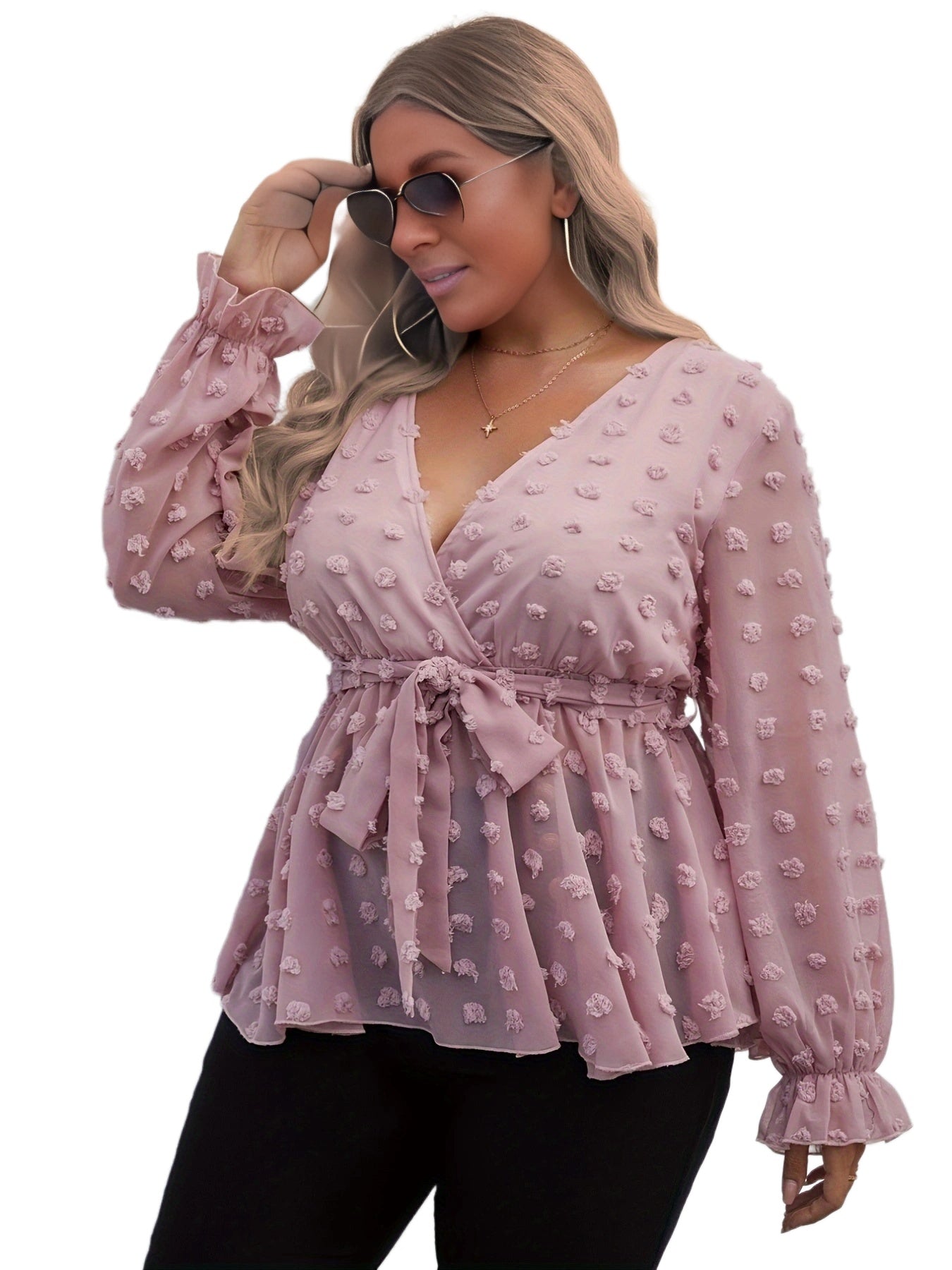  Deep V Neck Flounce Sleeve Blouse