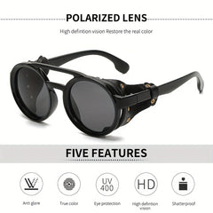 Vintage Steam Punk Style Round Polarized Sunglasses with Leather Side Shield