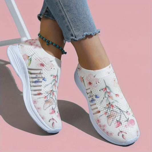 Floral Pattern Knit Sock Sneakers Lightweight Slip On Sports Shoes