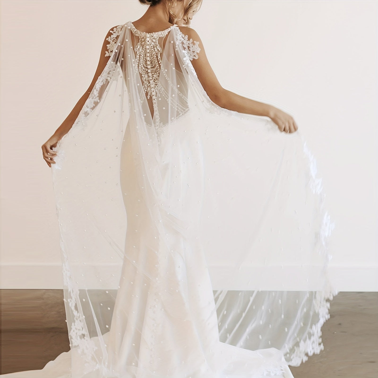 Glamorous Bridal Cape Veil with Pearl Beading and Floral Lace 2m Long Train