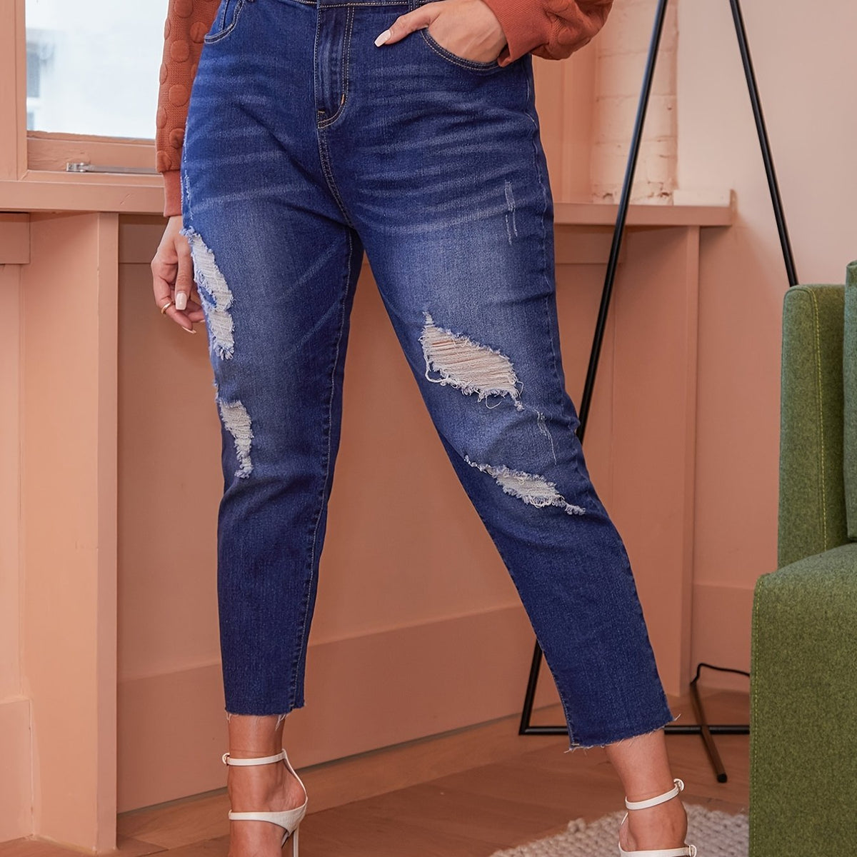  Ripped Straight Leg Cropped Jeans Women's Plus Medium Stretch Jeans