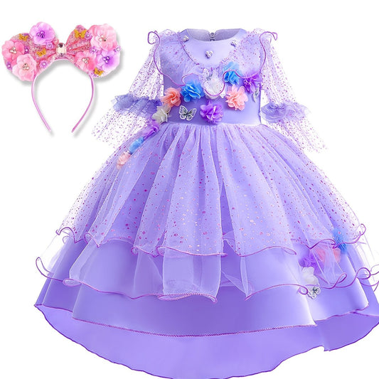 2pcs Girls Purple Flower Party Dress & Headband Set