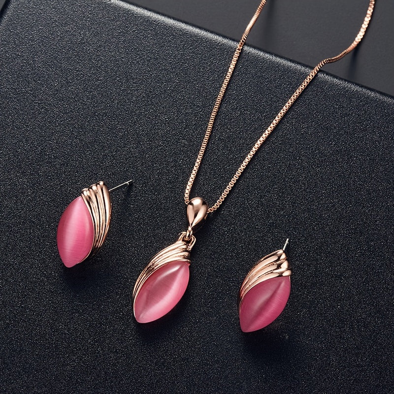 Oval Shape Pendant Necklace & Stud Earrings Set for Women & Girls