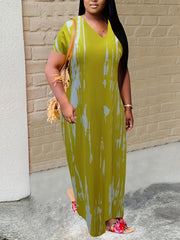  Tie Dye Maxi Dress Short Sleeve Round Neck High Stretch