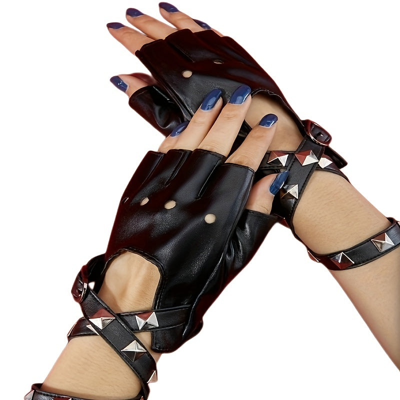 Rivet Punk Fingerless Gloves for Women Hollow Out Rock Stage Hip Hop Party