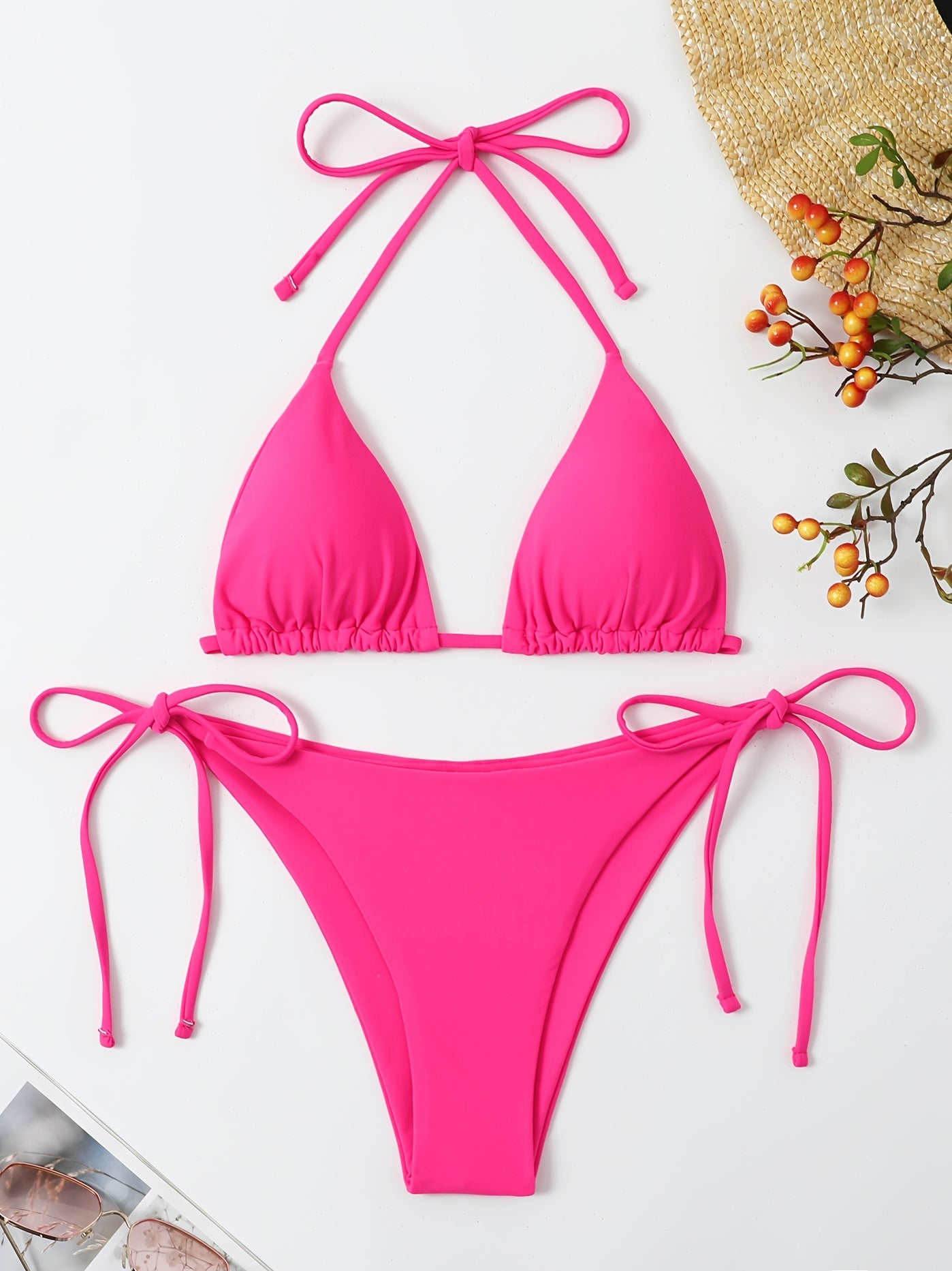 Women's Solid Halter Neck Side Knot Bikini Set Triangle Bottoms