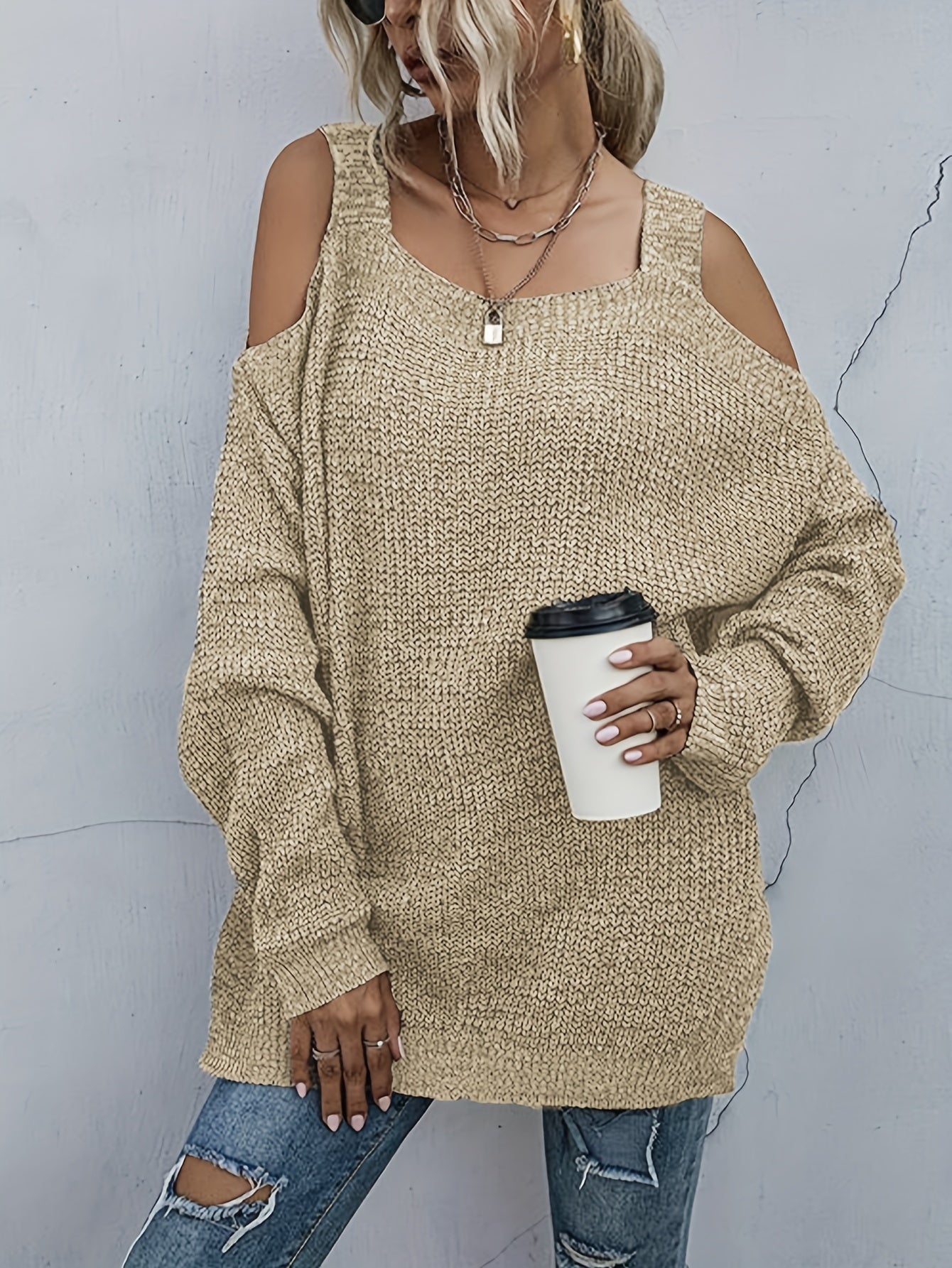  Solid Cold Shoulder Long Sleeve Sweater