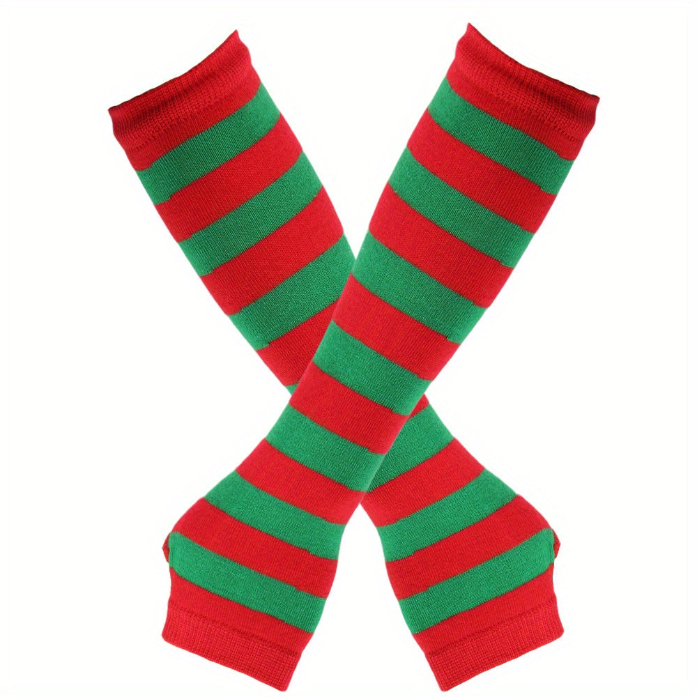 Y2K Green Striped Knitted Gloves Saint Patrick's Fingerless Gloves