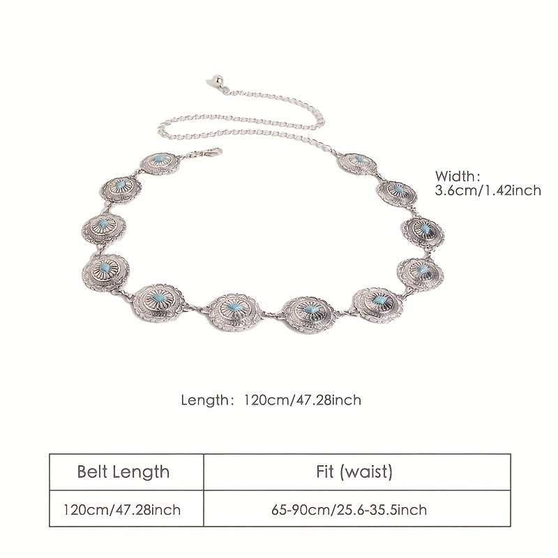 Turquoise Carved Silvery Waist Chain Geometric Flower Embossed Belly Chain 