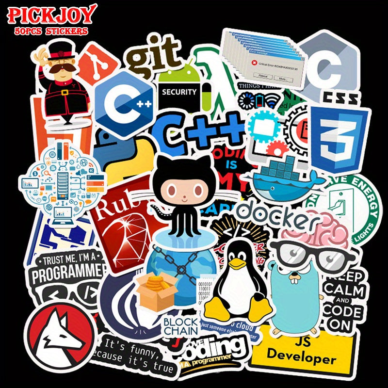 50pcs Cartoon Programmer Stickers Waterproof Vinyl Tech Designs for Water Bottle