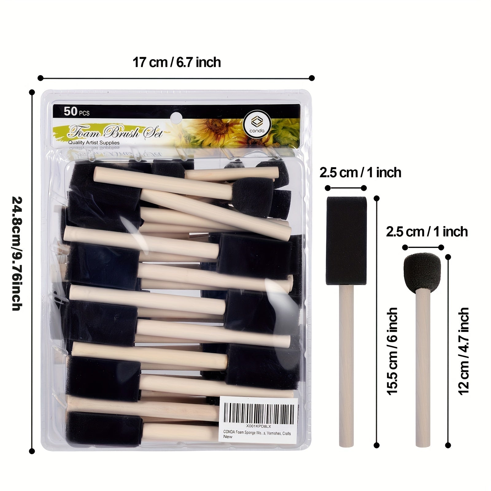 50pcs Assorted Foam Brush Kit Wooden Handle Paint Brush Set