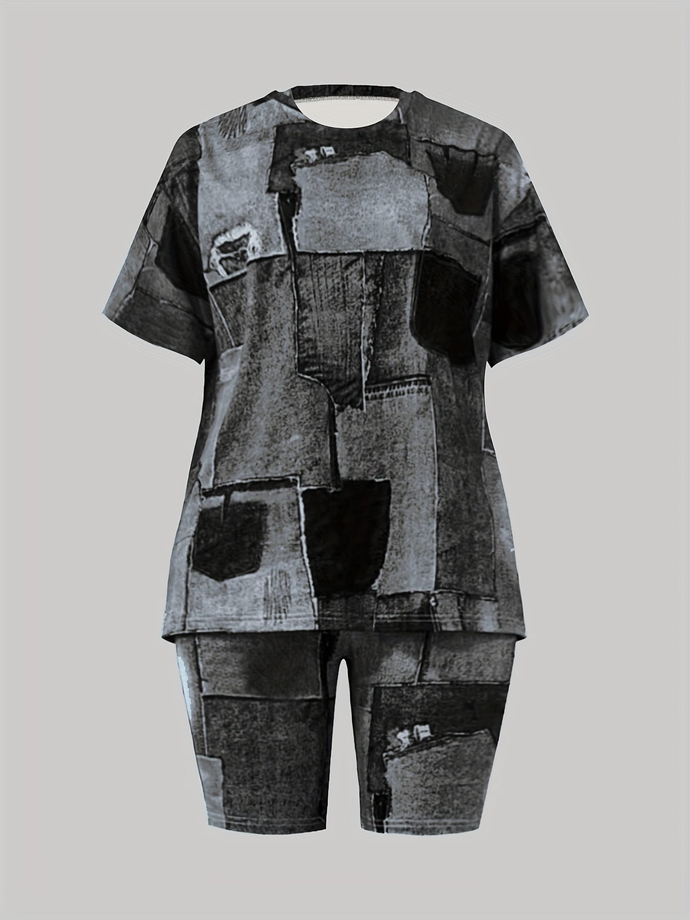  Denim Print 2 Piece Set Women's Crop Top & Shorts