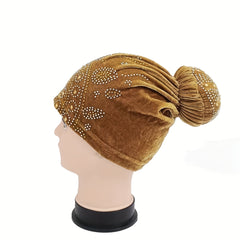 Pom Pom Rhinestone Turban Velvet Head Wrap Chemo Cap