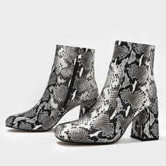 Snakeskin Print Ankle Boots Side Zip Chunky Heel