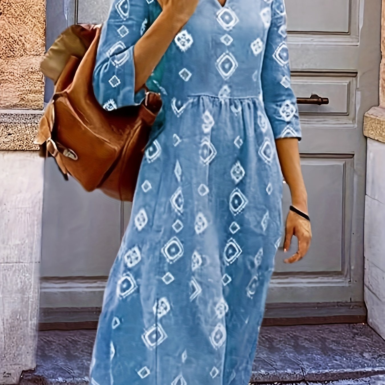  Geometric Print Half Sleeve Casual Dress