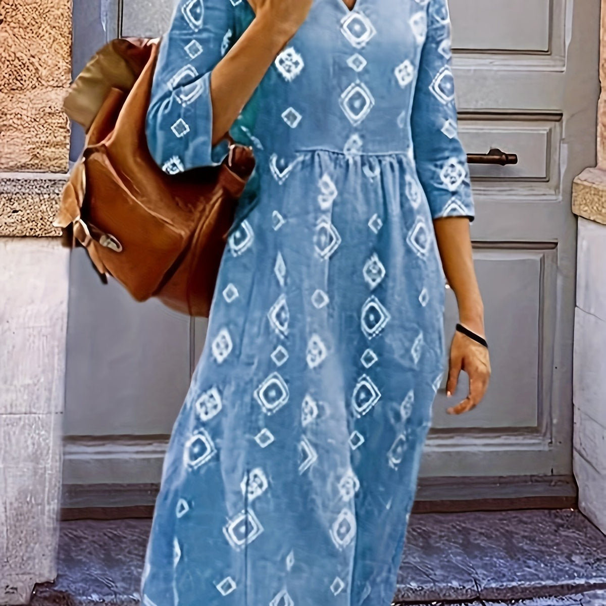  Geometric Print Half Sleeve Casual Dress