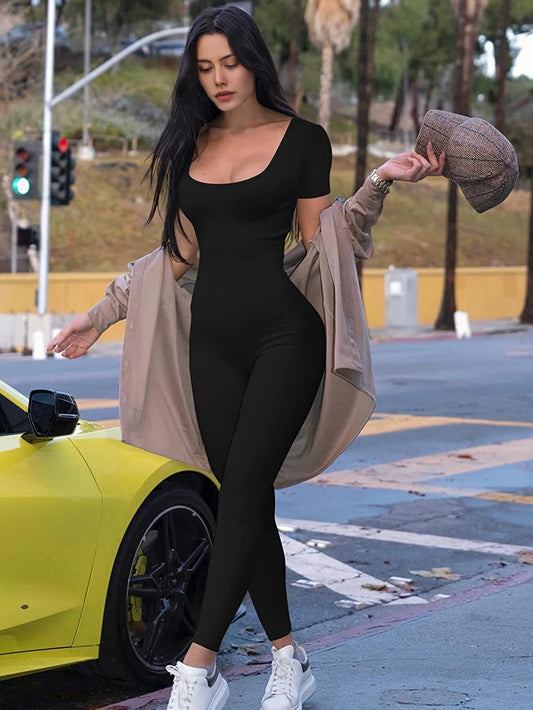 Sexy Short Sleeve Jumpsuit High Stretch Solid Color