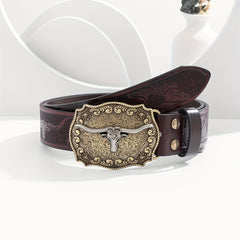 Men's Burgundy Western Cowboy Vintage Buckle Belt