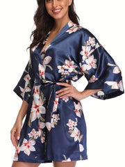 Floral Print V-Neck Night Robe With Belt