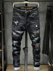 Men's Embroidered Denim Jeans Slim Straight Stretch Pants