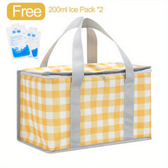 Portable Plaid Picnic Basket With 2 Ice Pack Insulated Cooler Box Picnic Bag