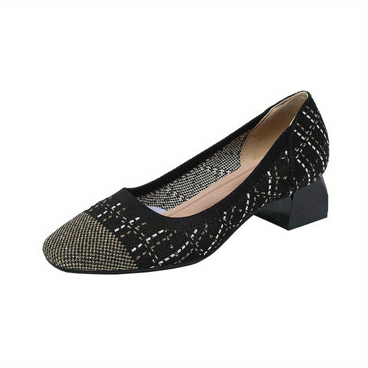 Women's Knitted Mid Heels Colorblock Slip On Shoes Chunky Heels