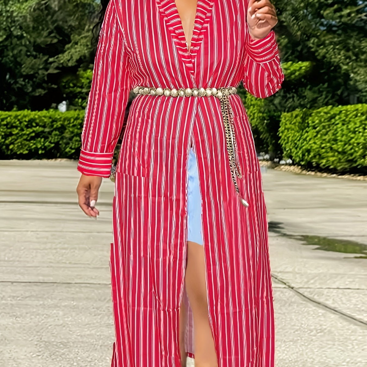  Stripe Print Long Sleeve Open Front Maxi Cardigan