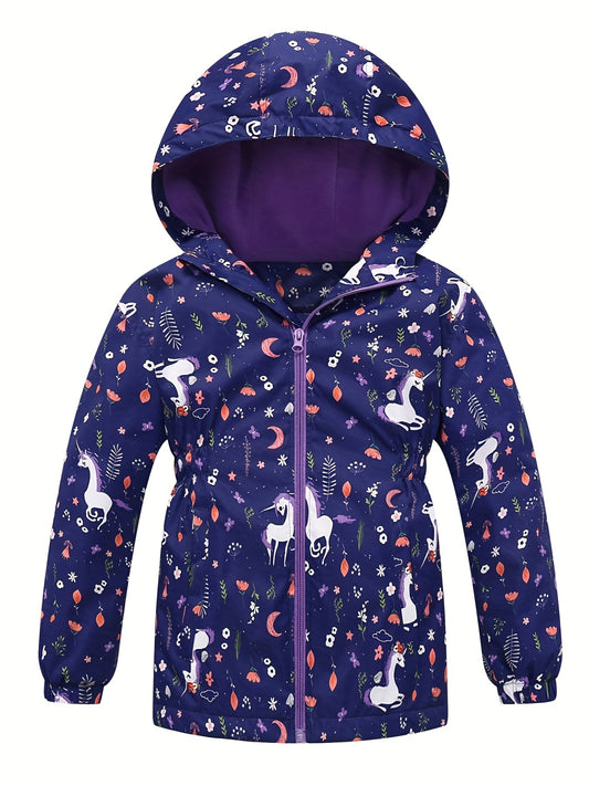 Toddler Girls Unicorn Hooded Jacket Waterproof Zipper Coat