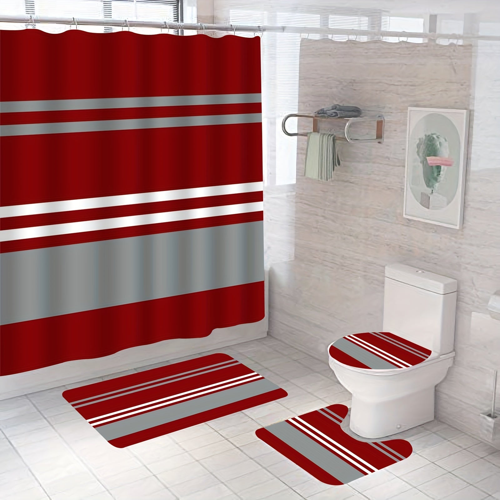 Modern Striped Shower Curtain Set with Non-slip Floor Mat
